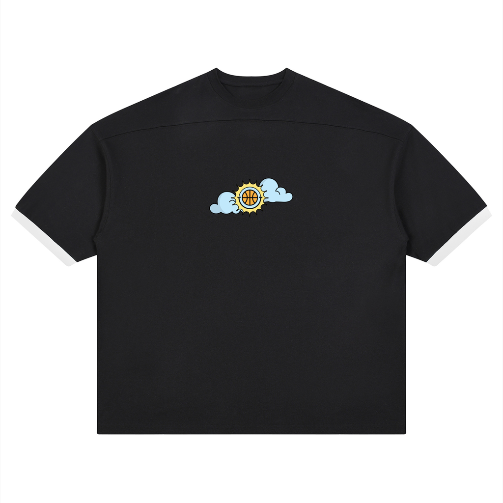 A black short-sleeve t-shirt with a small chest graphic featuring light blue clouds and a yellow circular emblem with the letters 'HB' in the center, displayed on a clean white background.