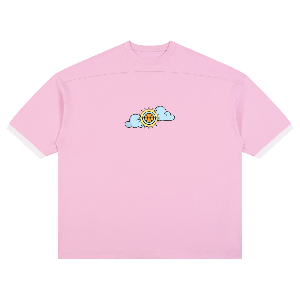 A light pink short-sleeve t-shirt with a small graphic on the center chest showing a yellow sun with a basketball inside, partially obscured by two light blue clouds. The t-shirt is displayed flat against a solid white background.