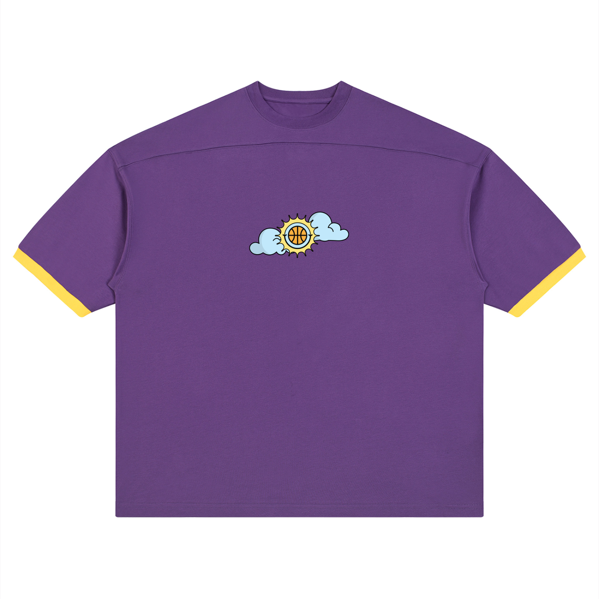 A purple short-sleeve t-shirt with yellow contrast trim on the sleeve cuffs and collar, featuring a small graphic of a basketball cloud logo on the center chest.