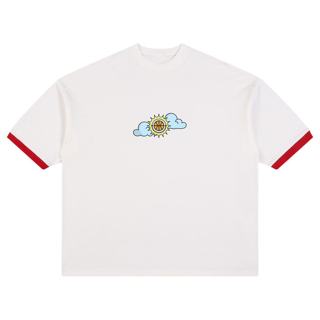 White ringer t-shirt with red sleeve trim and a small cartoon sun and cloud graphic on the chest.