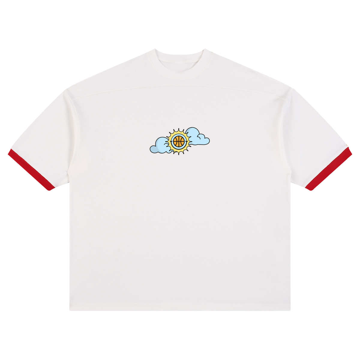 White ringer t-shirt with red sleeve trim and a small cartoon sun and cloud graphic on the chest.